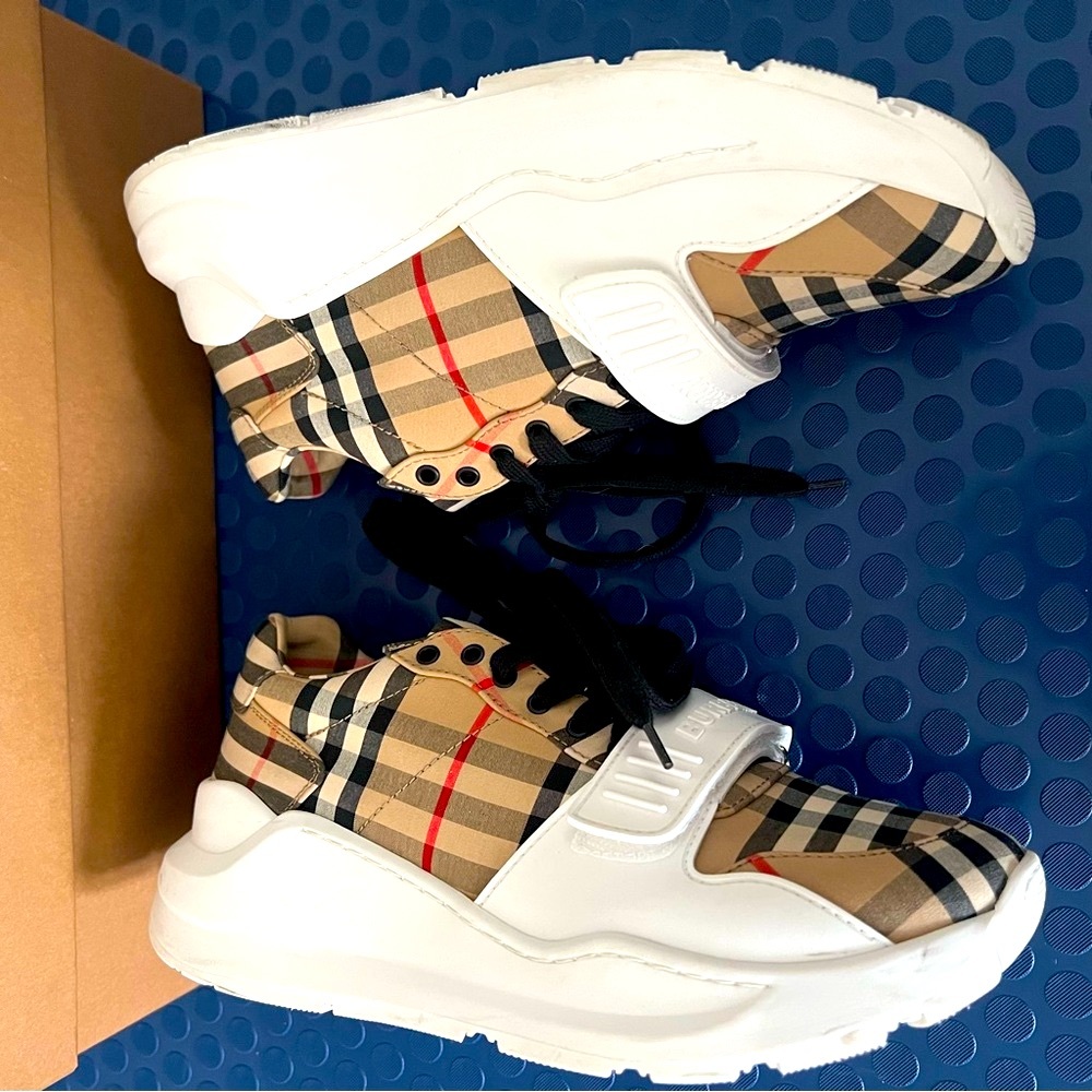 Burberry Black and Tan Sneakers with Iconic Check Pattern IOB